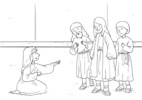 Matthew 15 21 25 Demonized Daughter Healed   Canaanitish Woman Asks Jesus To Heal Her Daughter Coloring Page